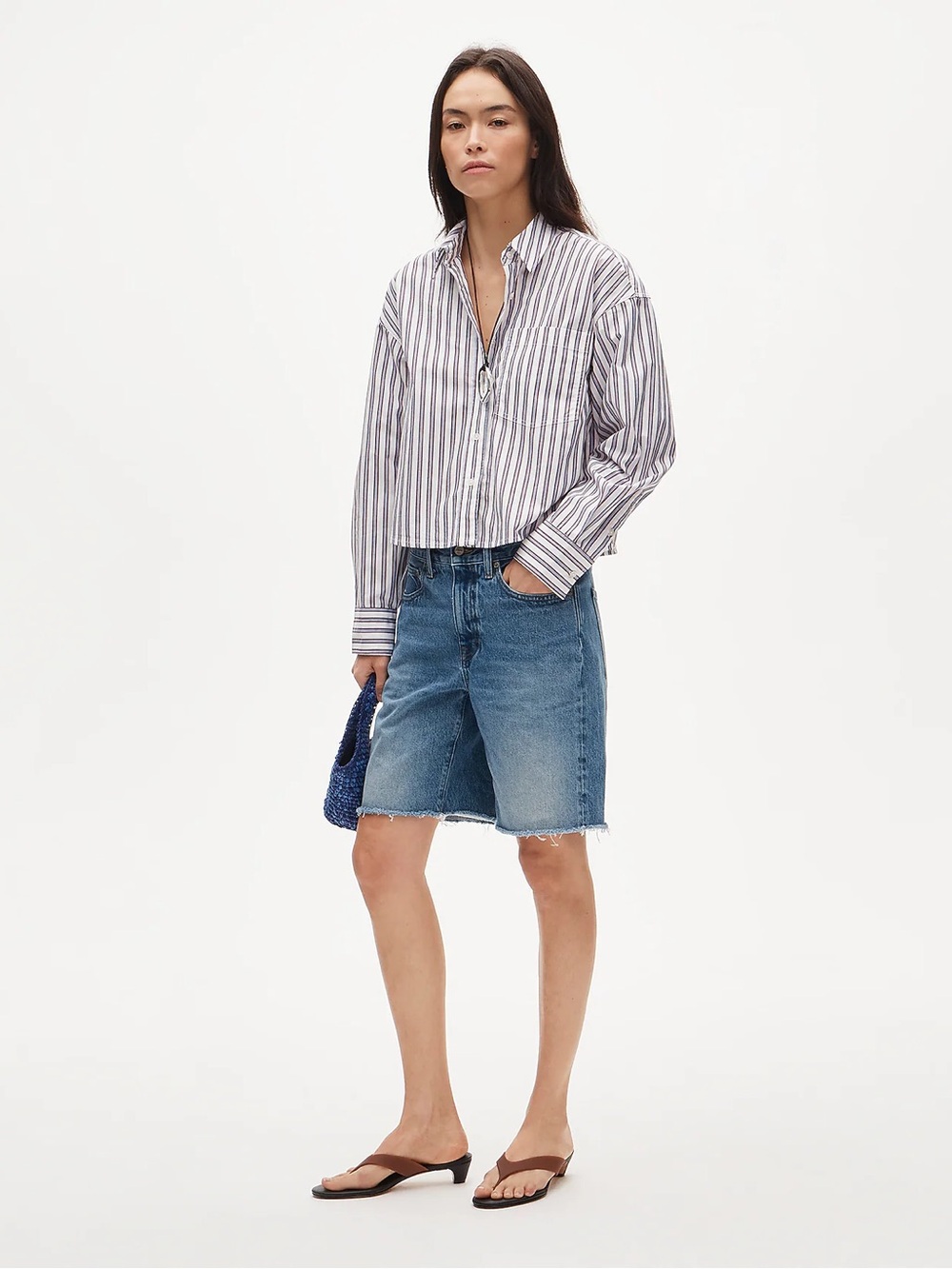 NWT J Crew Etienne Cropped Button Up Shirt in Striped Cotton Poplin - Picture 2 of 7